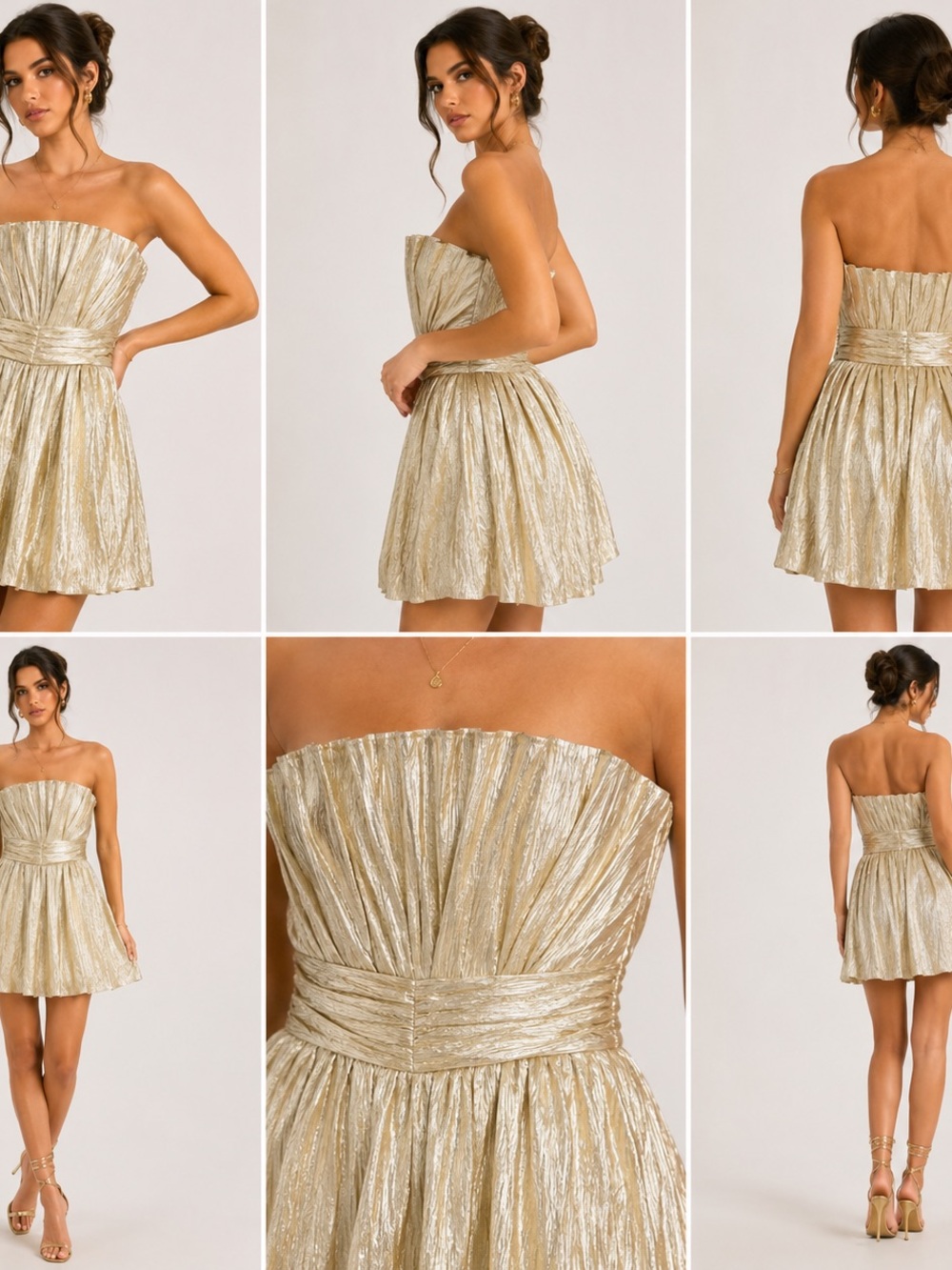 Strapless Shimmery Gold Pleated Mini Dress